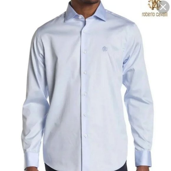 Roberto Cavalli Men's Light Blue Monogram Embroidered Shirt - NWT - Picture 1 of 5